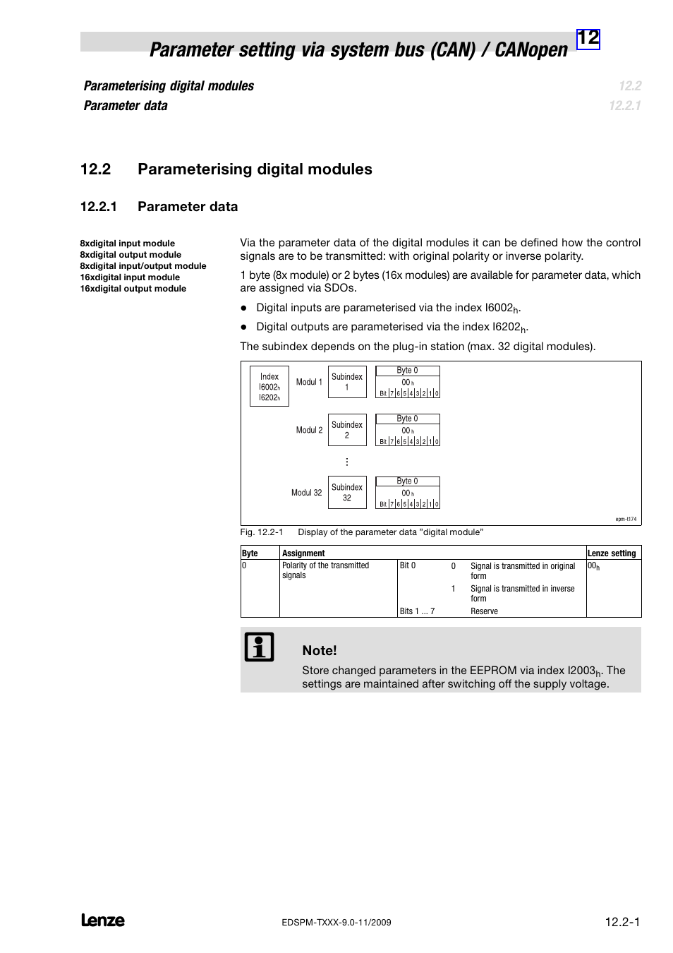 2 parameterising digital modules, 1 parameter data, Parameterising digital modules | Parameter data | Lenze EPM−T9XX Modular system User Manual | Page 297 / 544
