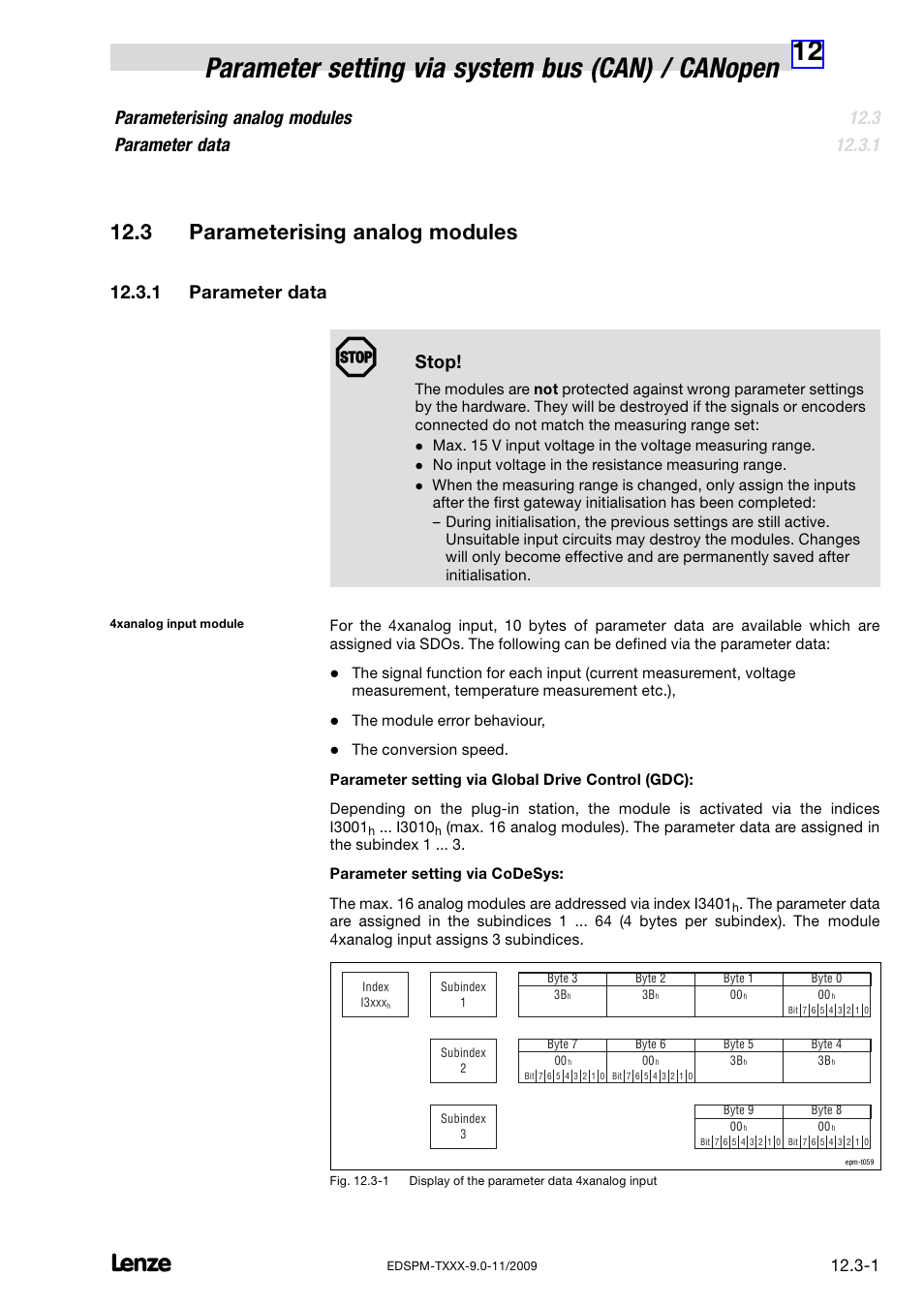 3 parameterising analog modules, 1 parameter data, Parameterising analog modules | Parameter data, Parameterising analog modules parameter data, Stop, No input voltage in the resistance measuring range, The module error behaviour, I3010 | Lenze EPM−T9XX Modular system User Manual | Page 299 / 544