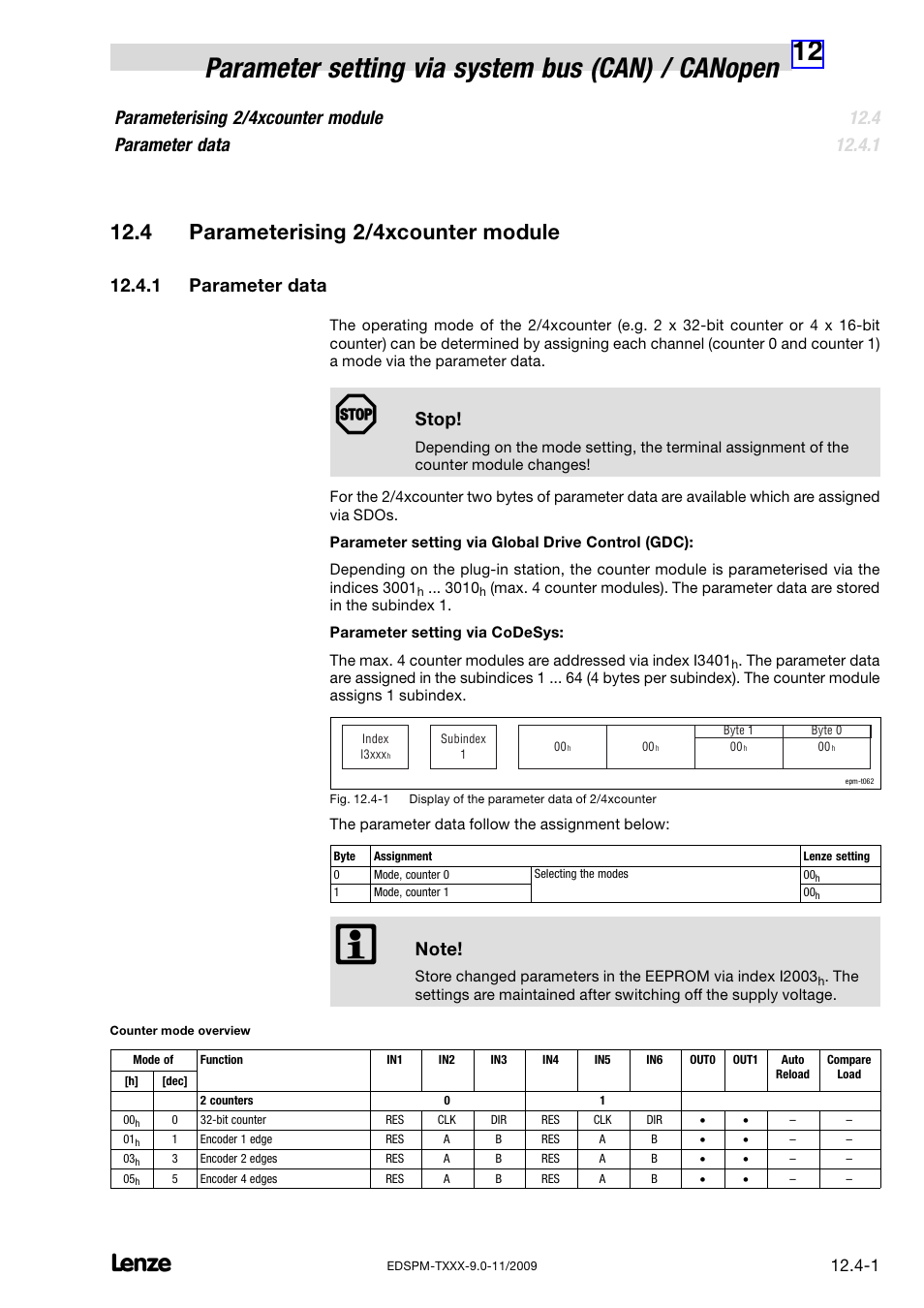 4 parameterising 2/4xcounter module, 1 parameter data, Parameterising 2/4xcounter module | Parameter data, Parameterising 2/4xcounter module parameter data, Stop | Lenze EPM−T9XX Modular system User Manual | Page 321 / 544