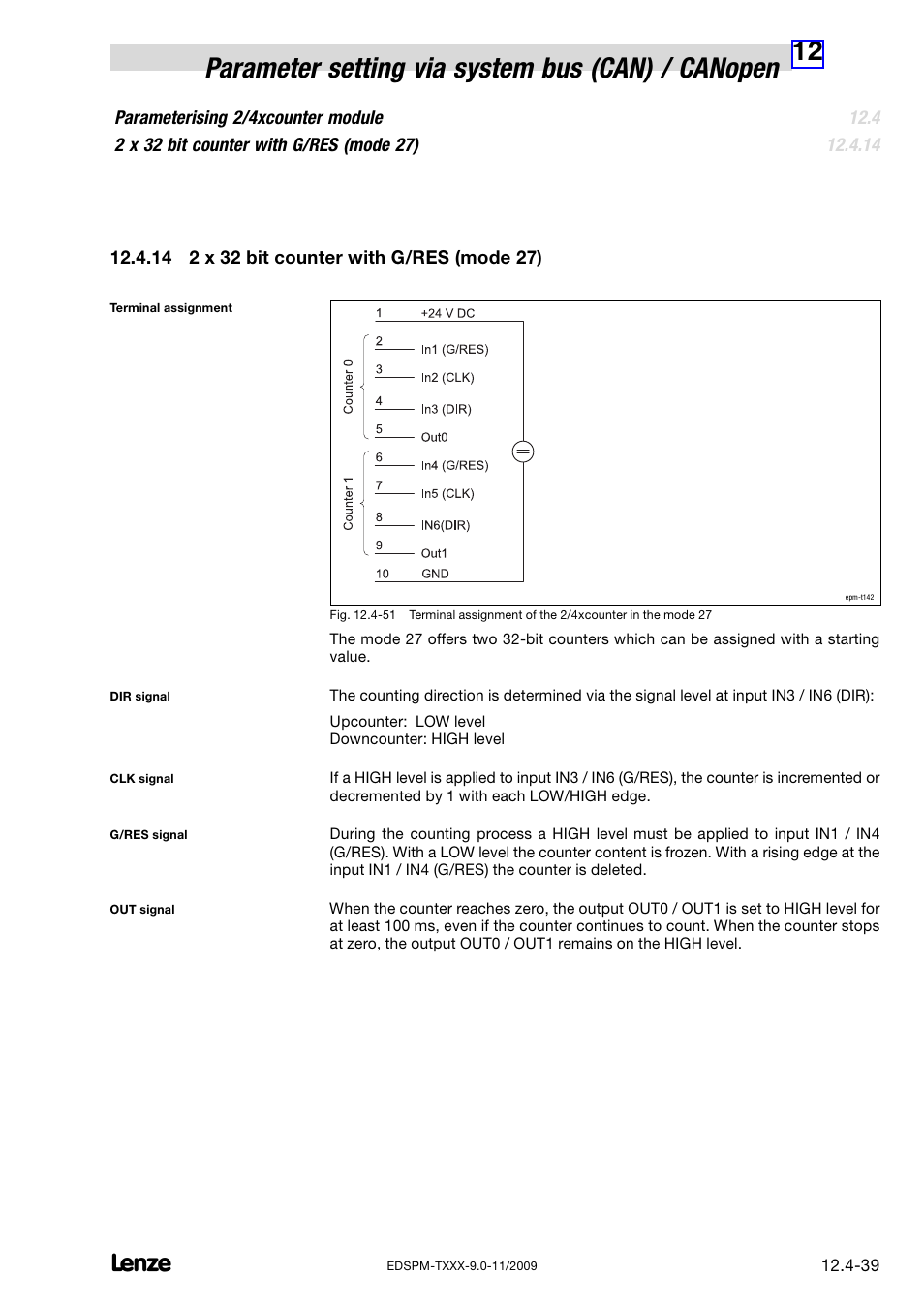 14 2 x 32 bit counter with g/res (mode 27), 2 x 32 bit counter with g/res (mode 27) | Lenze EPM−T9XX Modular system User Manual | Page 359 / 544