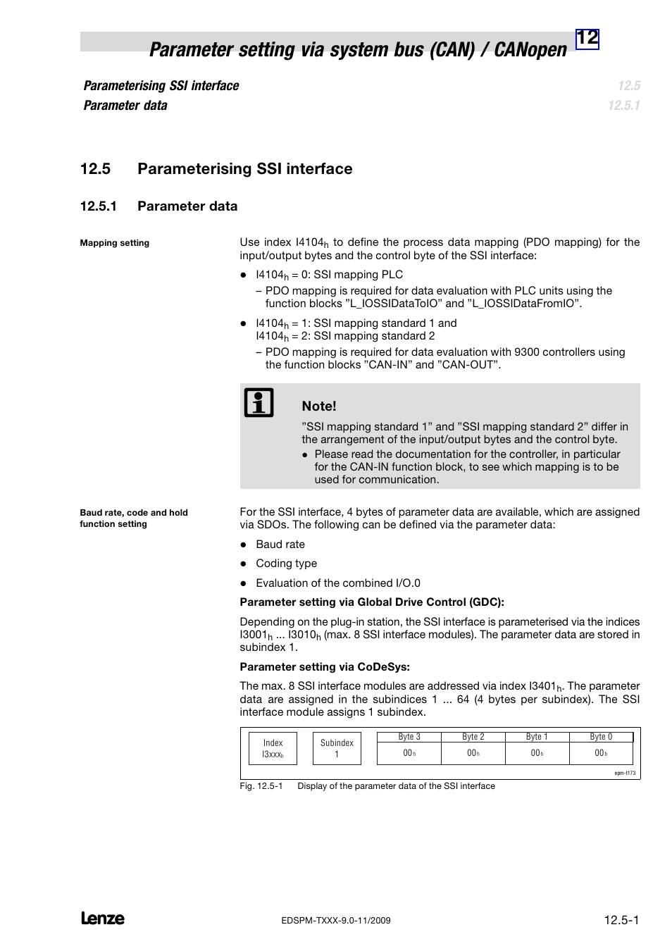 5 parameterising ssi interface, 1 parameter data, Parameterising ssi interface | Parameter data, Parameterising ssi interface parameter data | Lenze EPM−T9XX Modular system User Manual | Page 377 / 544