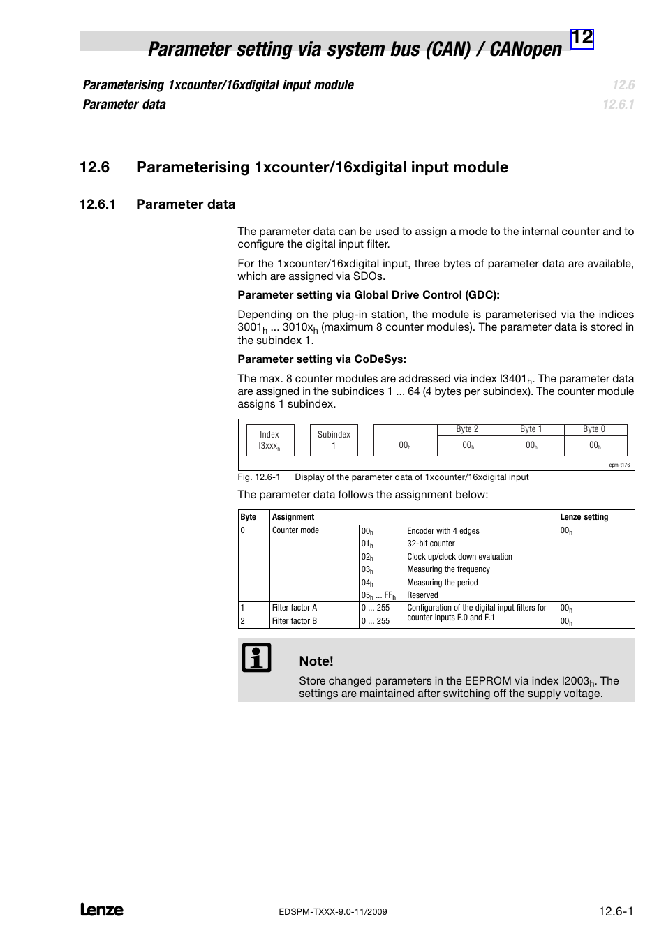 6 parameterising 1xcounter/16xdigital input module, 1 parameter data, Parameterising 1xcounter/16xdigital input module | Parameter data | Lenze EPM−T9XX Modular system User Manual | Page 391 / 544