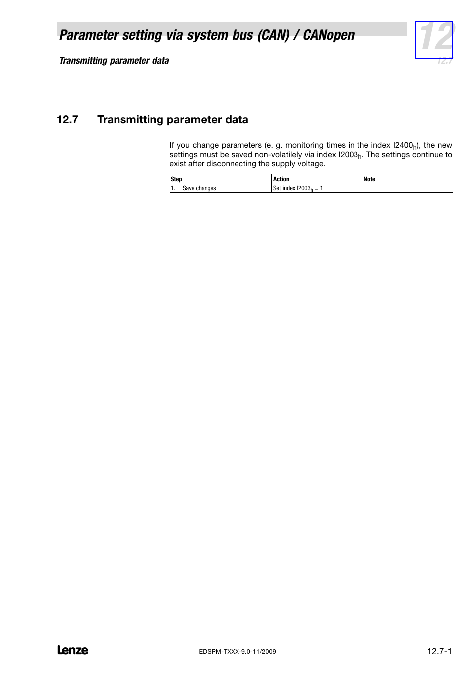 7 transmitting parameter data, Transmitting parameter data, Parameter setting via system bus (can) / canopen | Lenze EPM−T9XX Modular system User Manual | Page 407 / 544