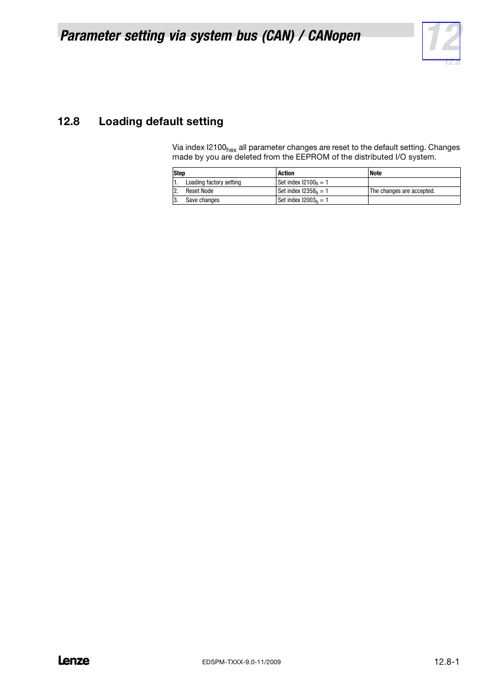 8 loading default setting, Loading default setting, Parameter setting via system bus (can) / canopen | Lenze EPM−T9XX Modular system User Manual | Page 409 / 544