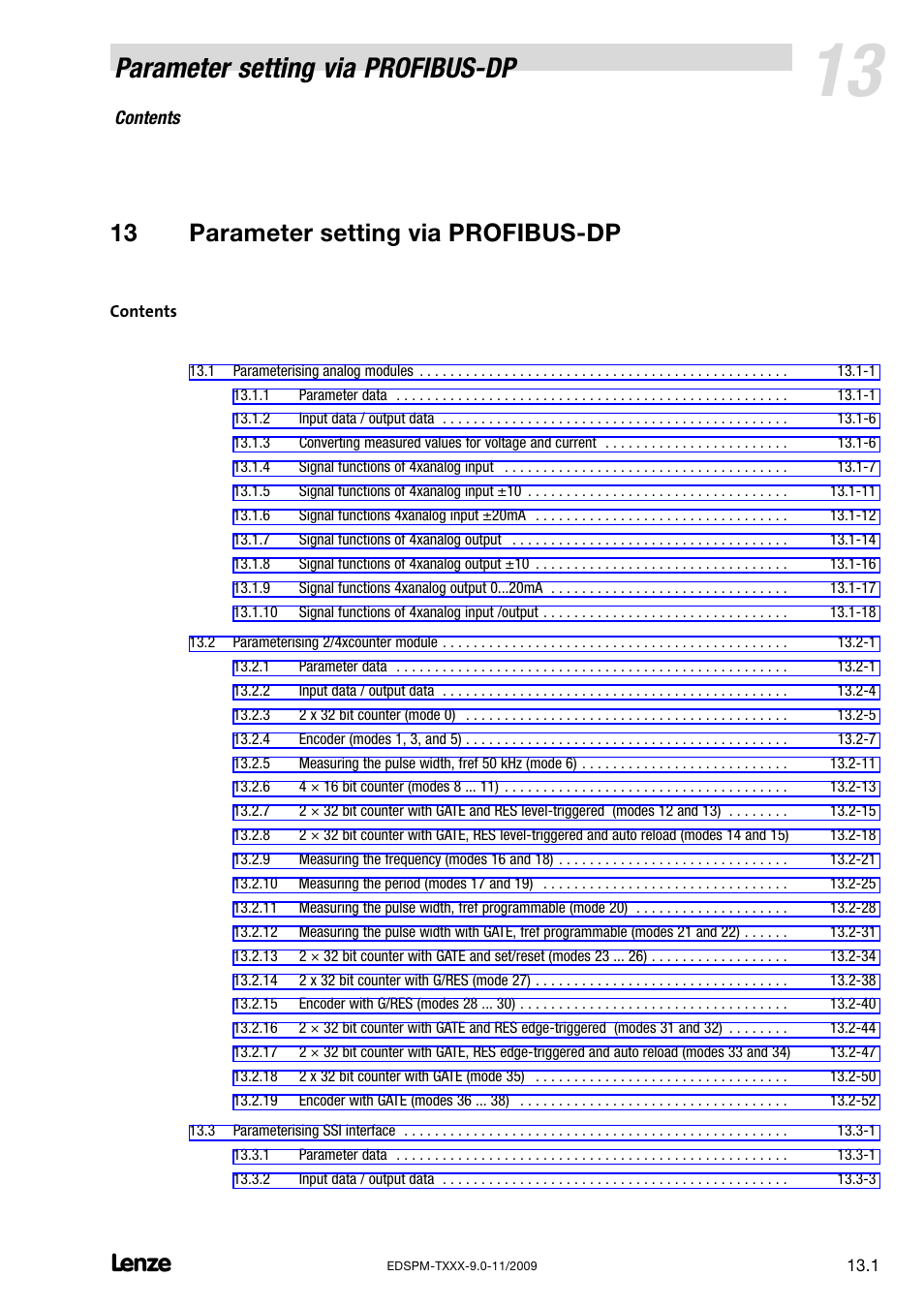 13 parameter setting via profibus-dp, Parameter setting via profibus−dp, 13 parameter setting via profibus−dp | Lenze EPM−T9XX Modular system User Manual | Page 411 / 544