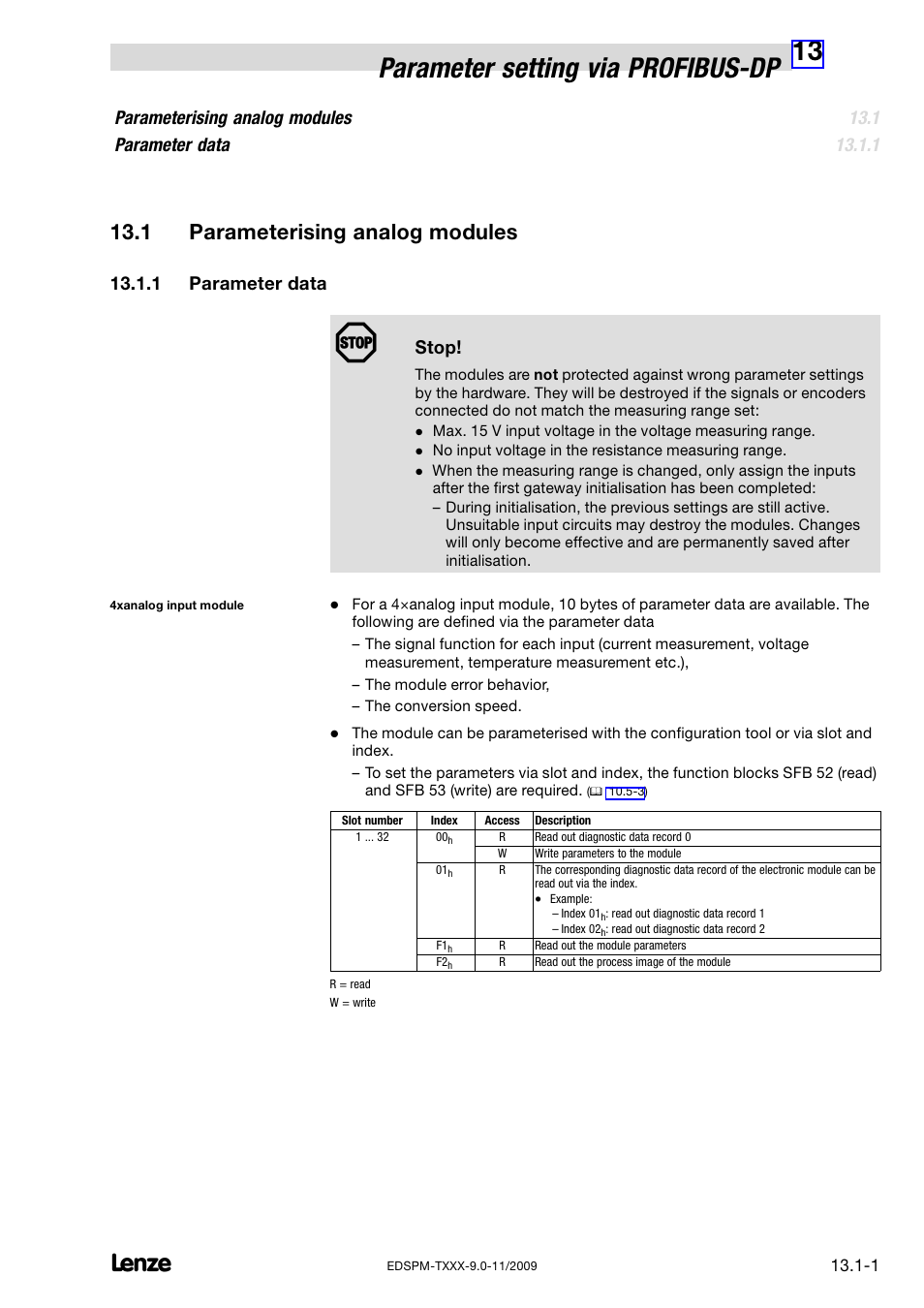 1 parameterising analog modules, 1 parameter data, Parameterising analog modules | Parameter data, 13 parameter setting via profibus−dp, Parameterising analog modules parameter data, Stop | Lenze EPM−T9XX Modular system User Manual | Page 413 / 544