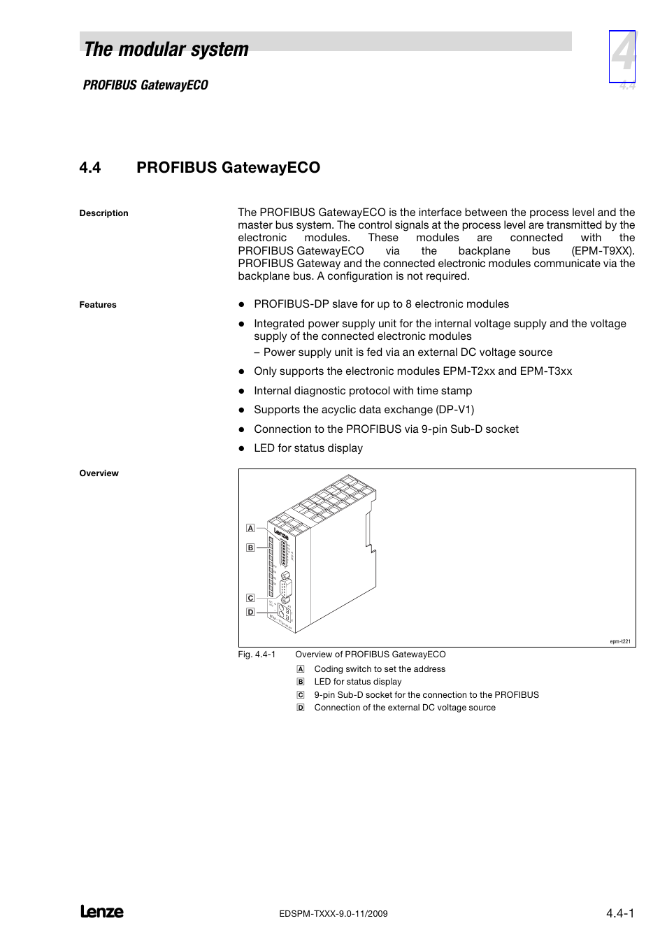 4 profibus gatewayeco, Profibus gatewayeco, The modular system | Profibus−dp slave for up to 8 electronic modules, Internal diagnostic protocol with time stamp, Supports the acyclic data exchange (dp−v1), Connection to the profibus via 9−pin sub−d socket, Led for status display | Lenze EPM−T9XX Modular system User Manual | Page 43 / 544