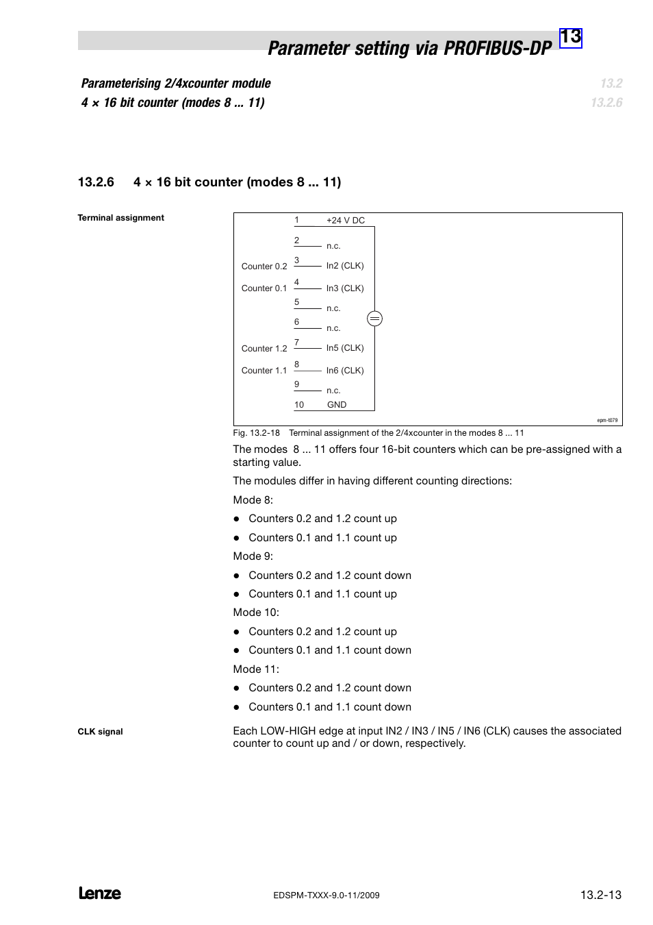 6 4 × 16 bit counter (modes 8 ), 4 × 16 bit counter (modes 8 ), 13 parameter setting via profibus−dp | Lenze EPM−T9XX Modular system User Manual | Page 447 / 544