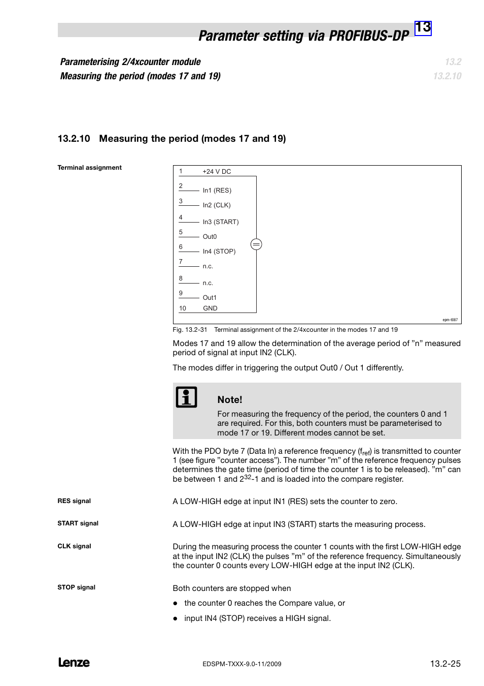 10 measuring the period (modes 17 and 19), Measuring the period (modes 17 and 19), 13 parameter setting via profibus−dp | Lenze EPM−T9XX Modular system User Manual | Page 459 / 544