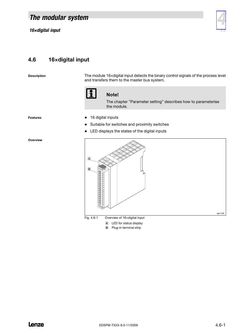 6 16×digital input, 16×digital input, The modular system | Lenze EPM−T9XX Modular system User Manual | Page 49 / 544