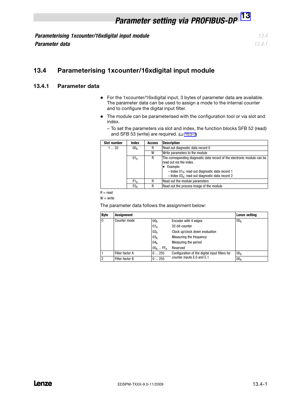 4 parameterising 1xcounter/16xdigital input module, 1 parameter data, Parameterising 1xcounter/16xdigital input module | Parameter data, 13 parameter setting via profibus−dp | Lenze EPM−T9XX Modular system User Manual | Page 495 / 544