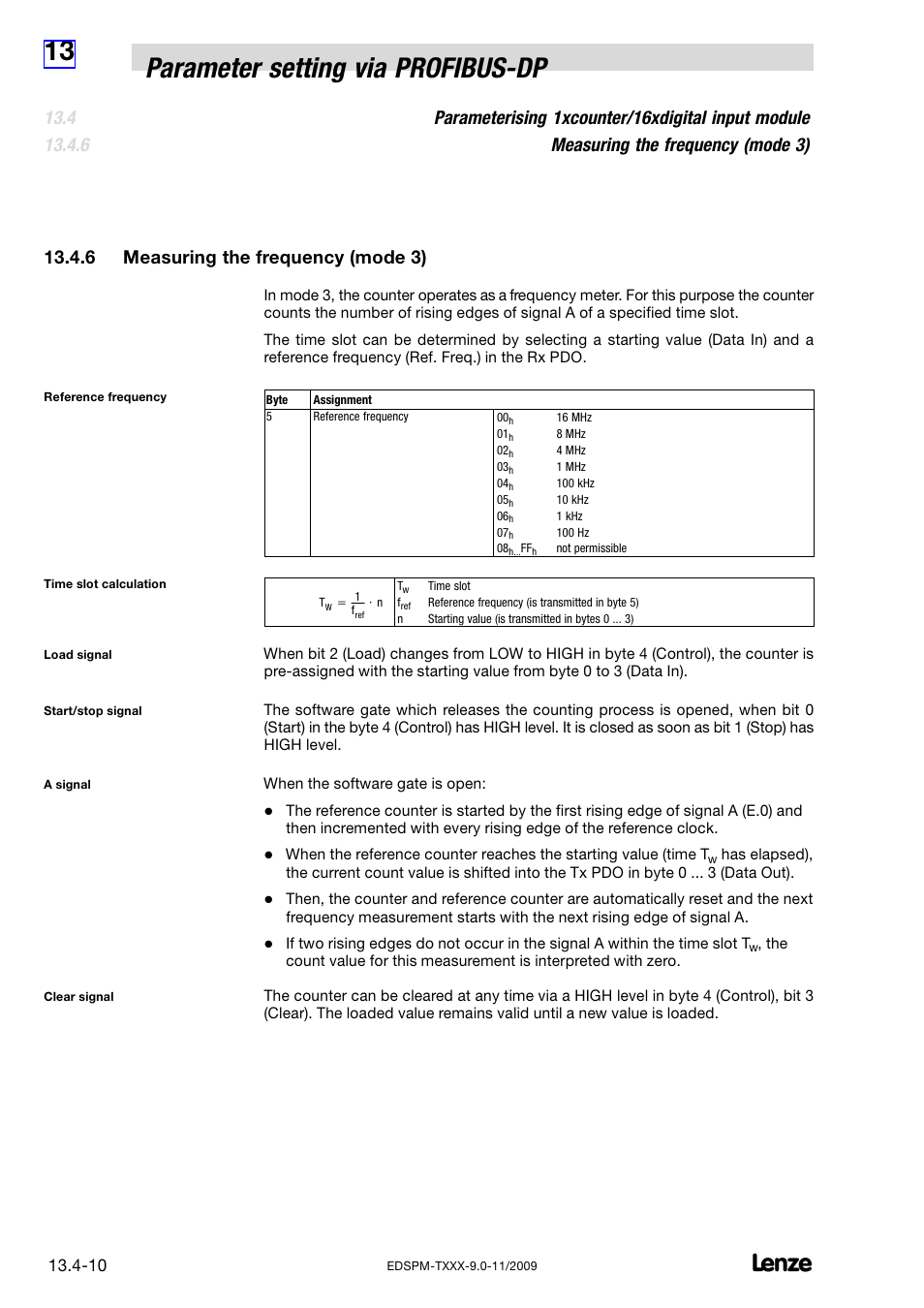 6 measuring the frequency (mode 3), Measuring the frequency (mode 3), 13 parameter setting via profibus−dp | Lenze EPM−T9XX Modular system User Manual | Page 504 / 544