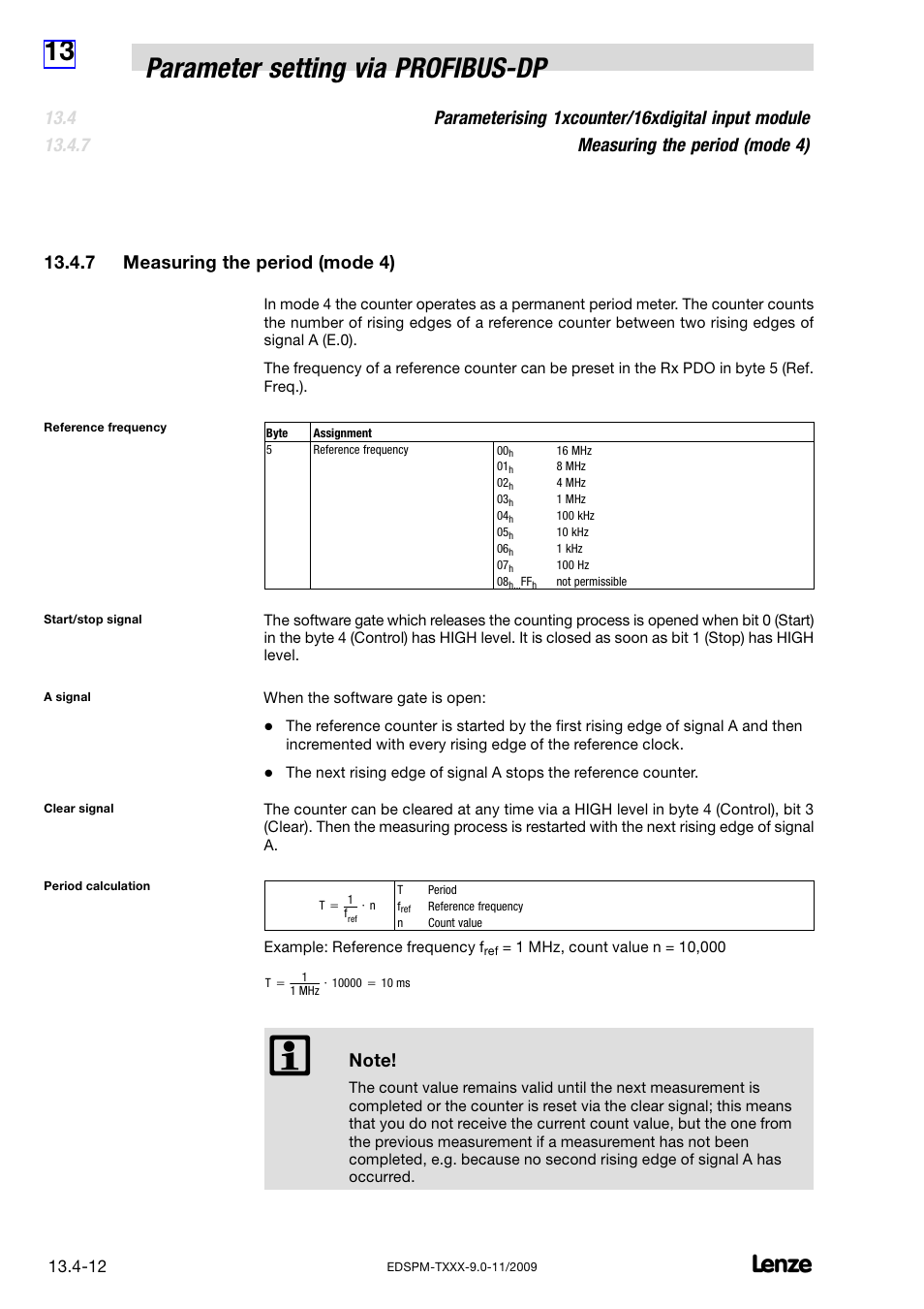 7 measuring the period (mode 4), Measuring the period (mode 4), 13 parameter setting via profibus−dp | Lenze EPM−T9XX Modular system User Manual | Page 506 / 544
