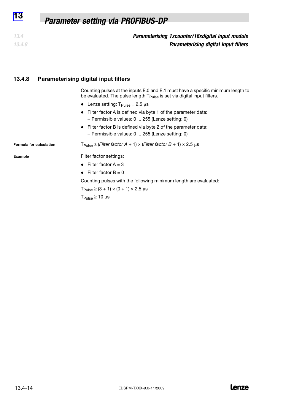 8 parameterising digital input filters, Parameterising digital input filters, 13 parameter setting via profibus−dp | Lenze EPM−T9XX Modular system User Manual | Page 508 / 544