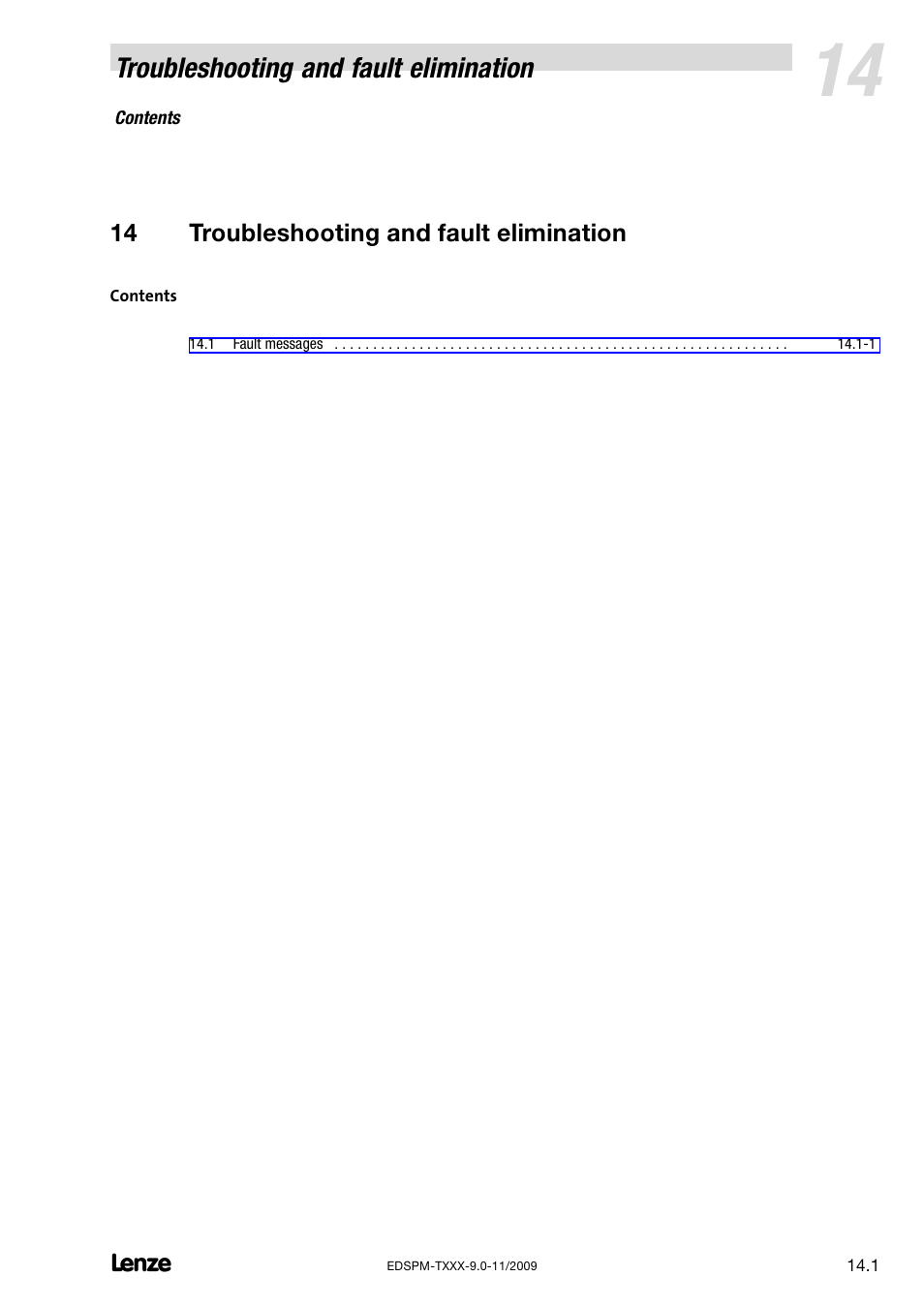 14 troubleshooting and fault elimination, Troubleshooting and fault elimination | Lenze EPM−T9XX Modular system User Manual | Page 509 / 544