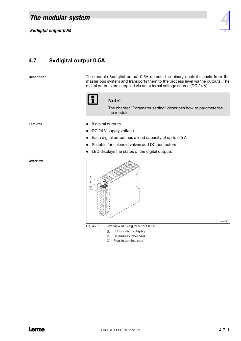 7 8×digital output 0.5a, 8×digital output 0.5a, The modular system | 7 8 ×digital output 0.5a | Lenze EPM−T9XX Modular system User Manual | Page 51 / 544