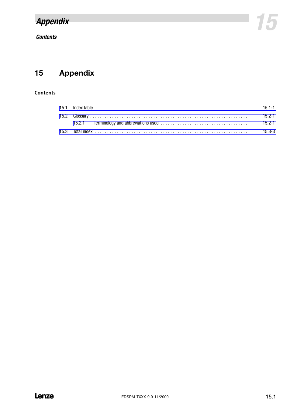 15 appendix, Appendix | Lenze EPM−T9XX Modular system User Manual | Page 513 / 544