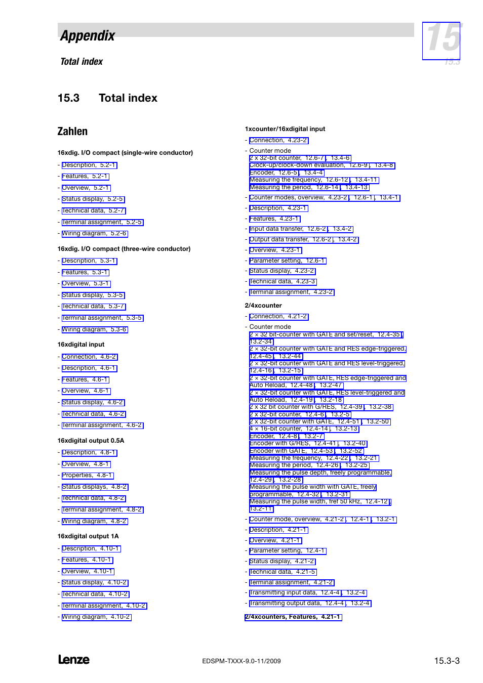 3 total index, Total index, Appendix | 3 total index zahlen | Lenze EPM−T9XX Modular system User Manual | Page 535 / 544