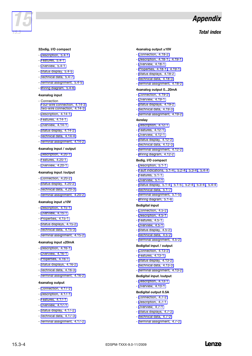 Appendix, Total index | Lenze EPM−T9XX Modular system User Manual | Page 536 / 544