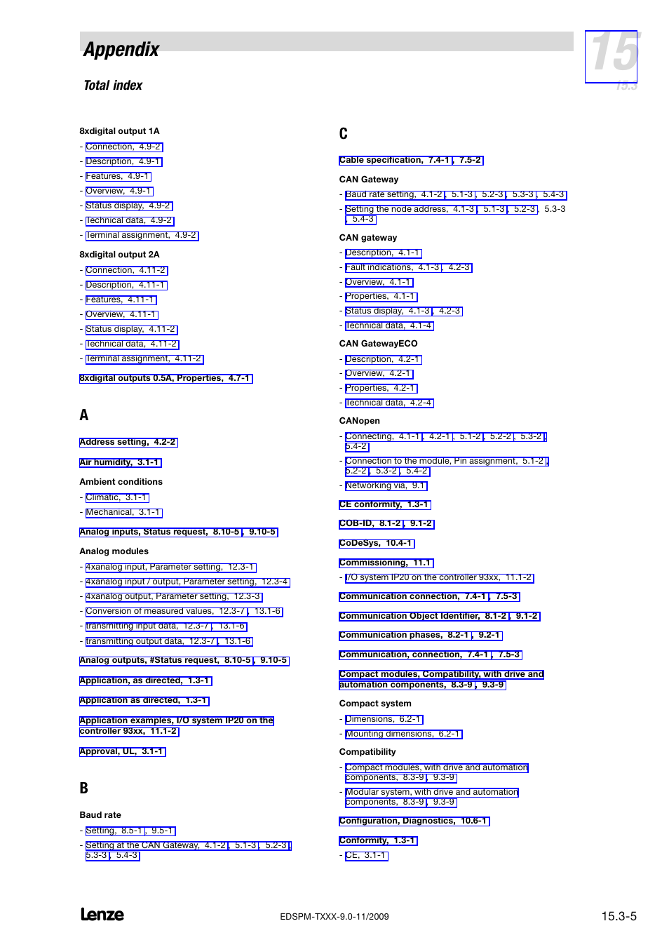 Appendix, Total index | Lenze EPM−T9XX Modular system User Manual | Page 537 / 544