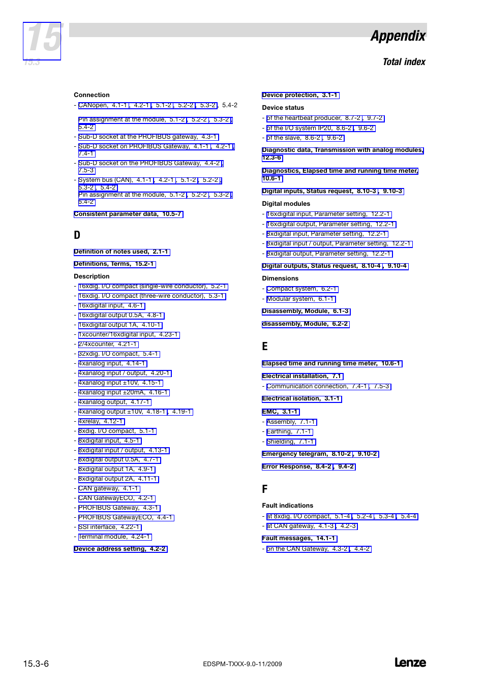 Appendix, Total index | Lenze EPM−T9XX Modular system User Manual | Page 538 / 544