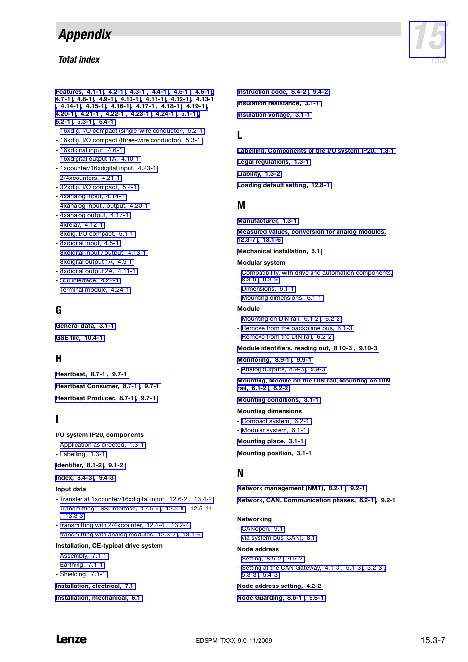 Appendix, Total index | Lenze EPM−T9XX Modular system User Manual | Page 539 / 544