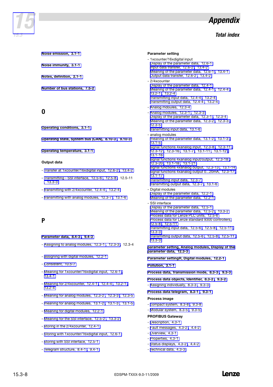 Appendix, Total index | Lenze EPM−T9XX Modular system User Manual | Page 540 / 544