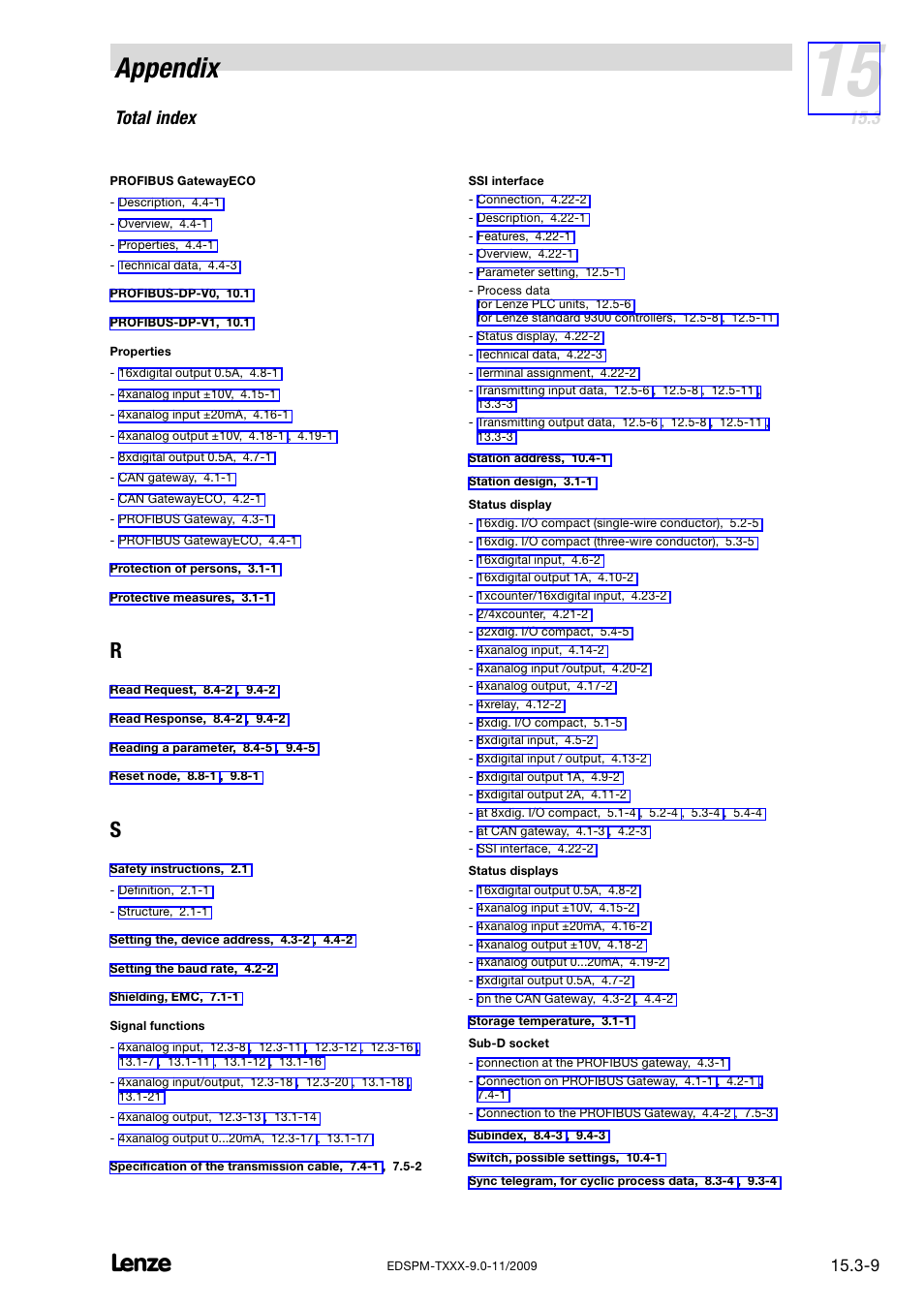 Appendix, Total index | Lenze EPM−T9XX Modular system User Manual | Page 541 / 544