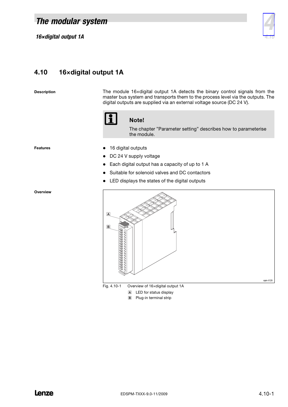 10 16×digital output 1a, 16×digital output 1a, The modular system | Lenze EPM−T9XX Modular system User Manual | Page 57 / 544