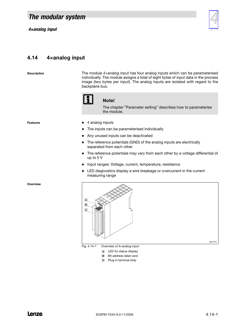 14 4×analog input, 4×analog input, The modular system | Lenze EPM−T9XX Modular system User Manual | Page 69 / 544
