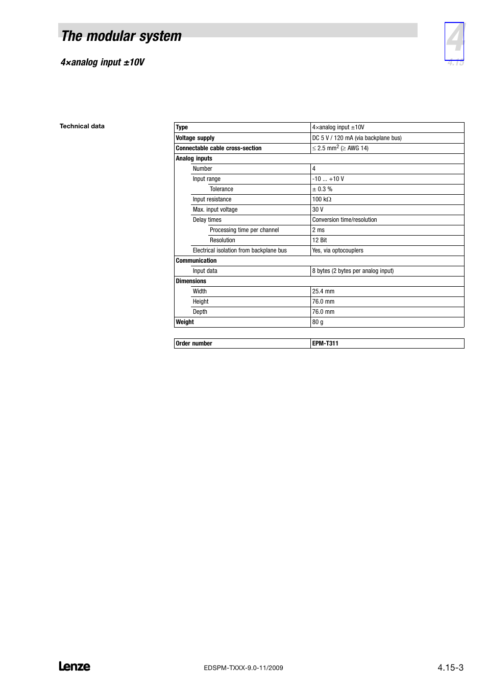The modular system, 4×analog input ±10v | Lenze EPM−T9XX Modular system User Manual | Page 75 / 544