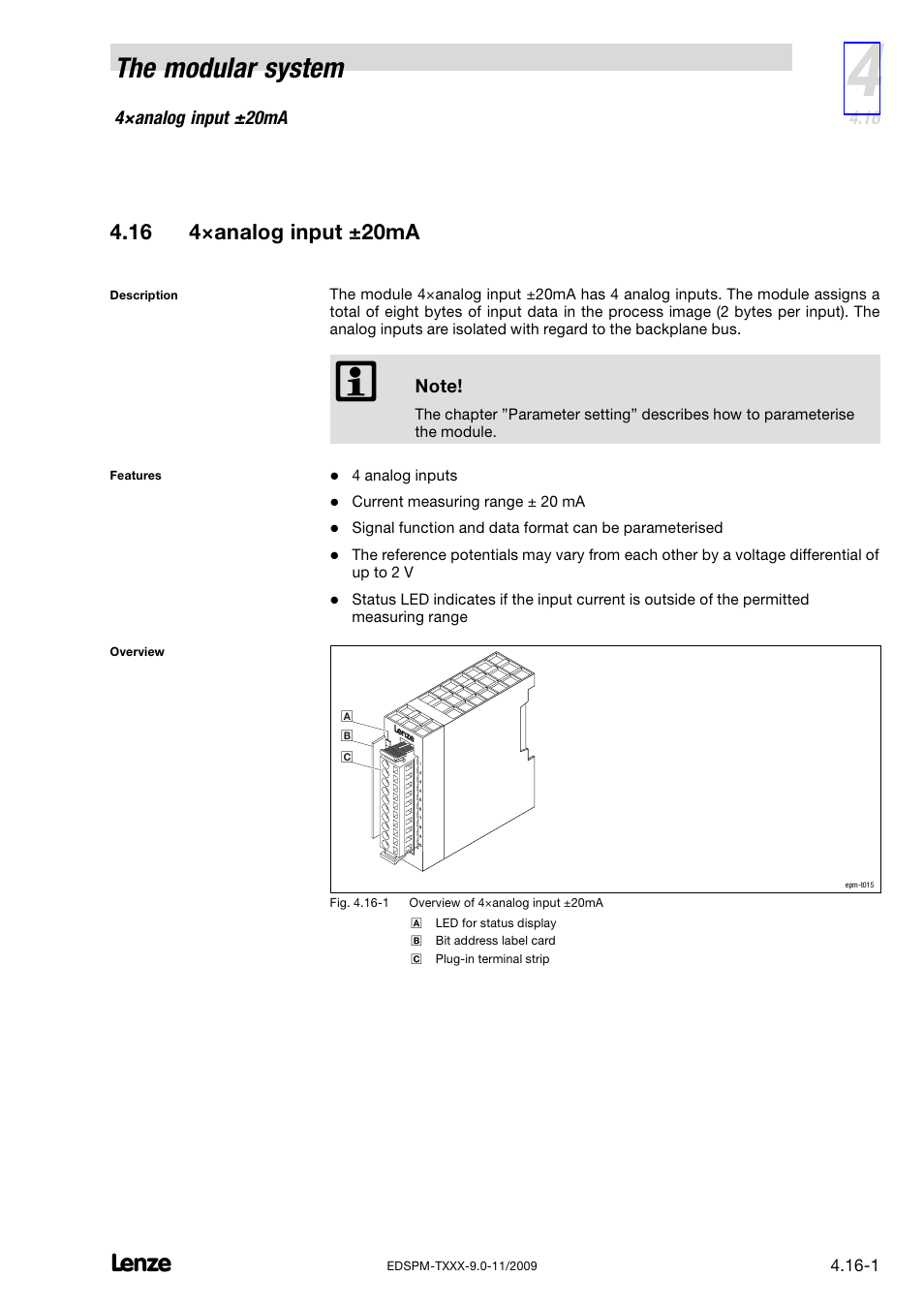 16 4×analog input ±20ma, 4×analog input ±20ma, The modular system | Lenze EPM−T9XX Modular system User Manual | Page 77 / 544