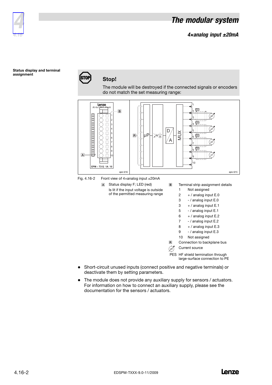 The modular system, 4×analog input ±20ma, Stop | Lenze EPM−T9XX Modular system User Manual | Page 78 / 544