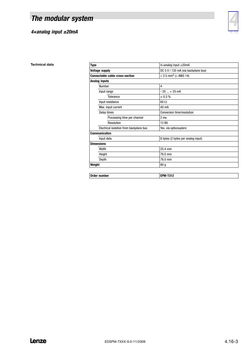 The modular system, 4×analog input ±20ma | Lenze EPM−T9XX Modular system User Manual | Page 79 / 544