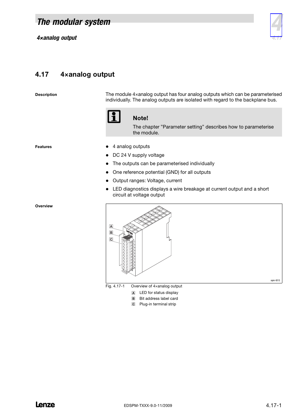 17 4×analog output, 4×analog output, The modular system | Lenze EPM−T9XX Modular system User Manual | Page 81 / 544