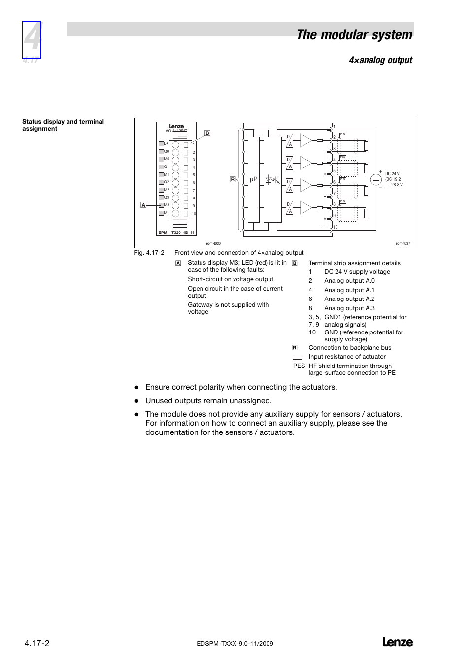 The modular system, 4×analog output, Unused outputs remain unassigned | Lenze EPM−T9XX Modular system User Manual | Page 82 / 544