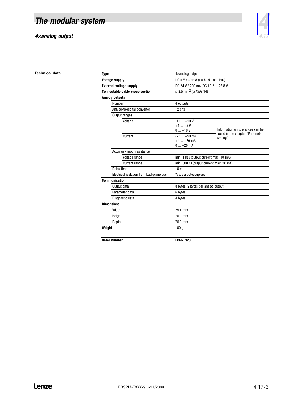 The modular system, 4×analog output | Lenze EPM−T9XX Modular system User Manual | Page 83 / 544