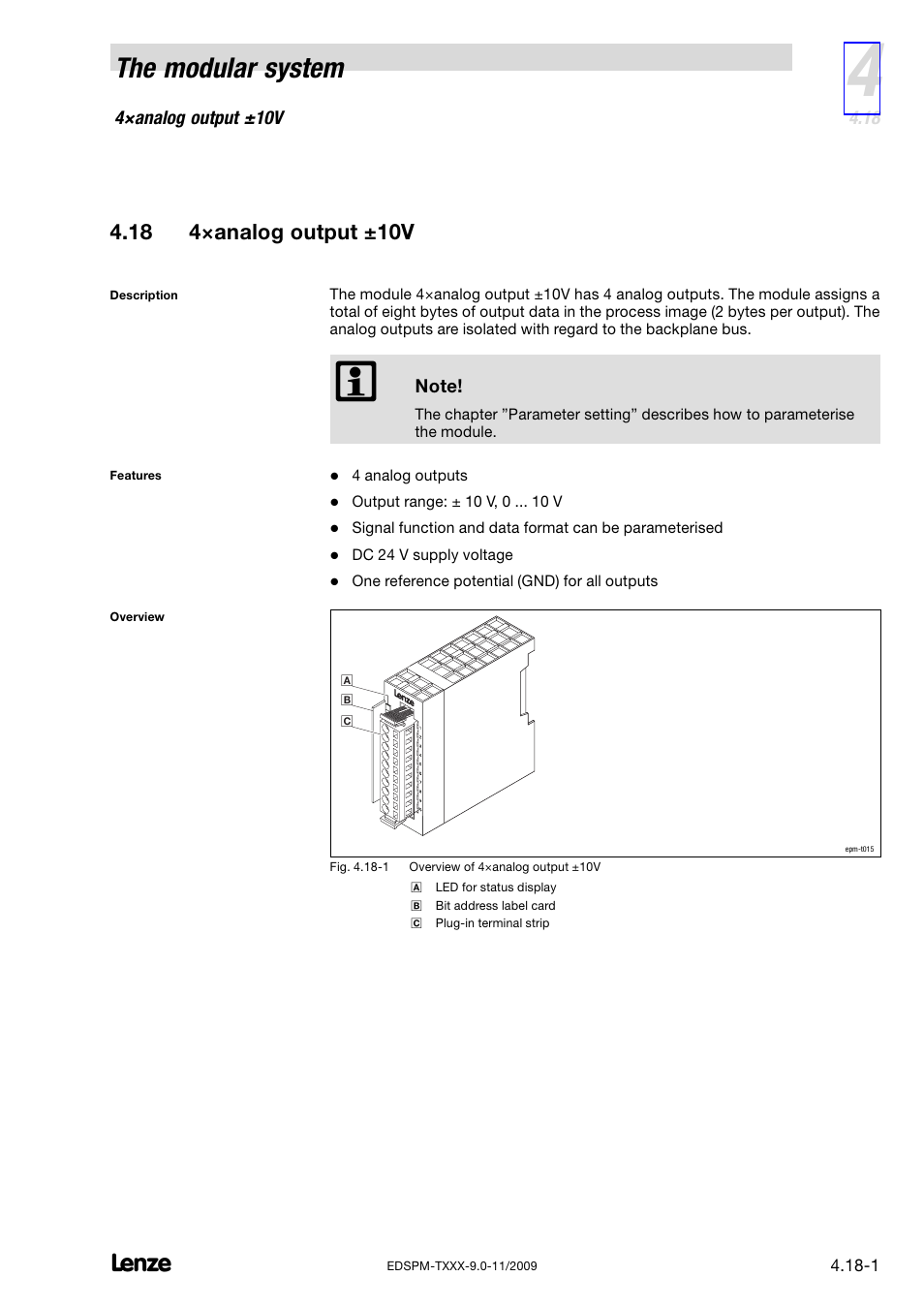 18 4×analog output ±10v, 4×analog output ±10v, The modular system | Lenze EPM−T9XX Modular system User Manual | Page 85 / 544