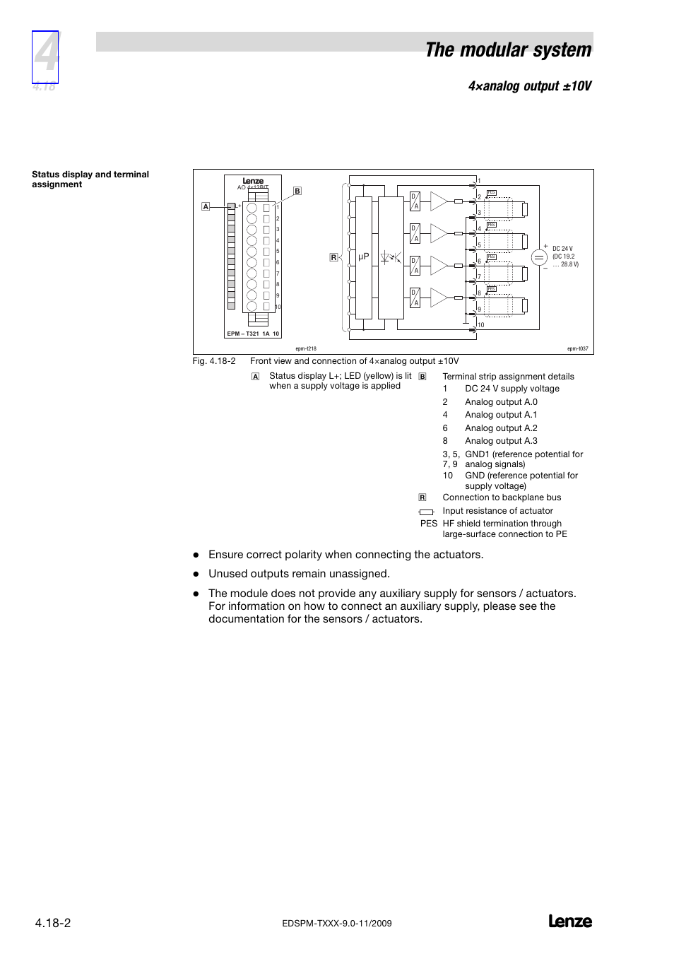 The modular system, 4×analog output ±10v, Unused outputs remain unassigned | Lenze EPM−T9XX Modular system User Manual | Page 86 / 544