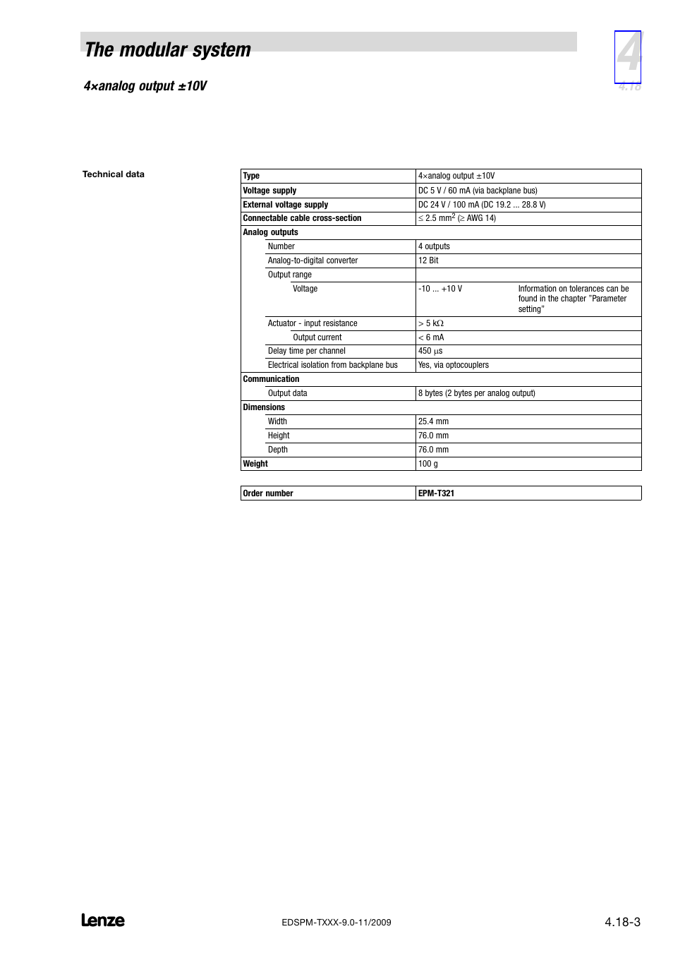 The modular system, 4×analog output ±10v | Lenze EPM−T9XX Modular system User Manual | Page 87 / 544