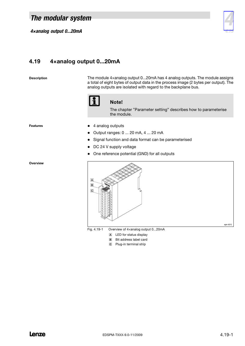 19 4×analog output 0 ma, 4×analog output 0 ma, The modular system | Lenze EPM−T9XX Modular system User Manual | Page 89 / 544