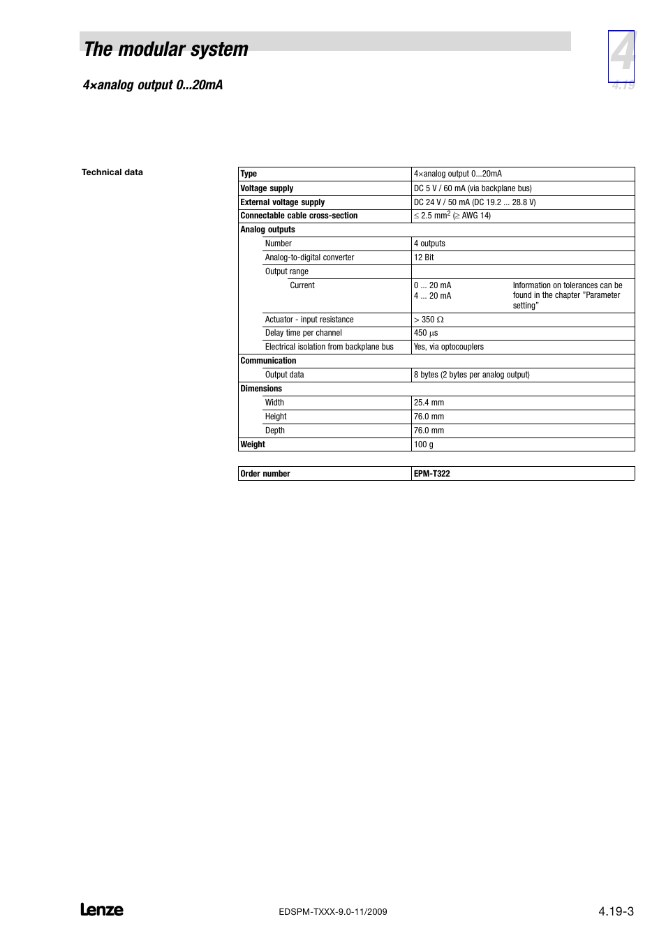 The modular system, 4×analog output 0 ma | Lenze EPM−T9XX Modular system User Manual | Page 91 / 544