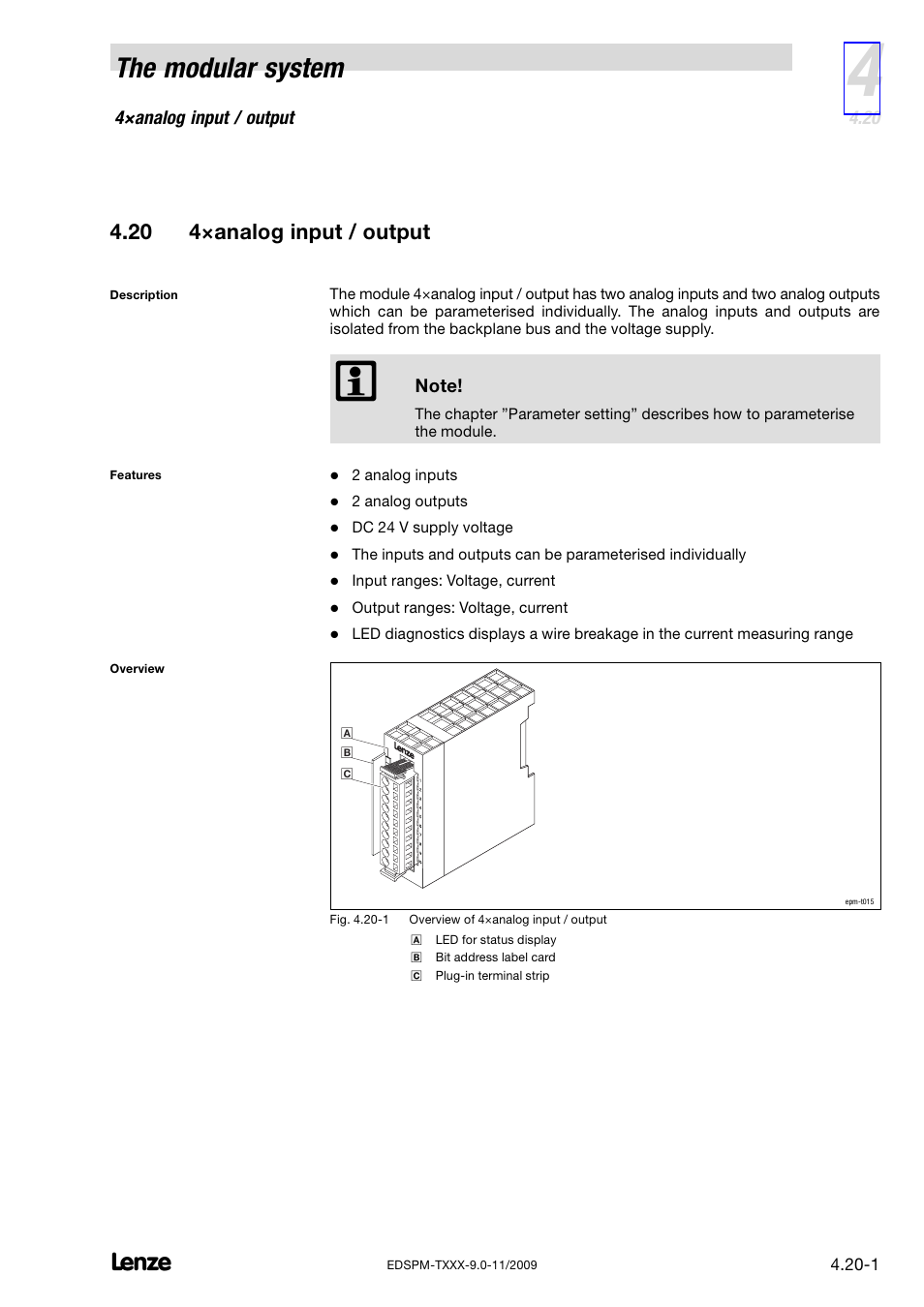 20 4×analog input / output, 4×analog input / output, The modular system | Lenze EPM−T9XX Modular system User Manual | Page 93 / 544
