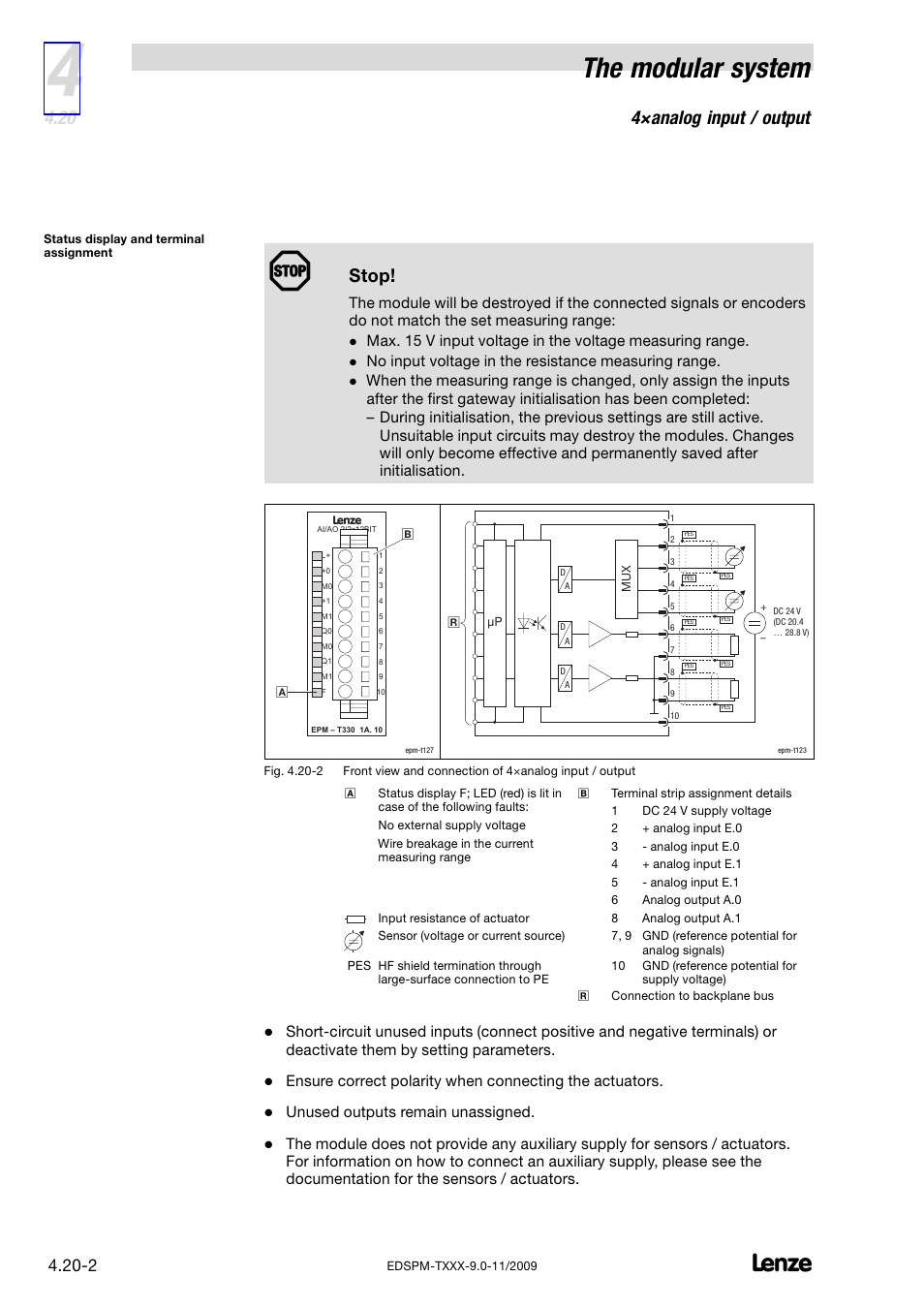 The modular system, 4×analog input / output, Stop | No input voltage in the resistance measuring range, Unused outputs remain unassigned | Lenze EPM−T9XX Modular system User Manual | Page 94 / 544