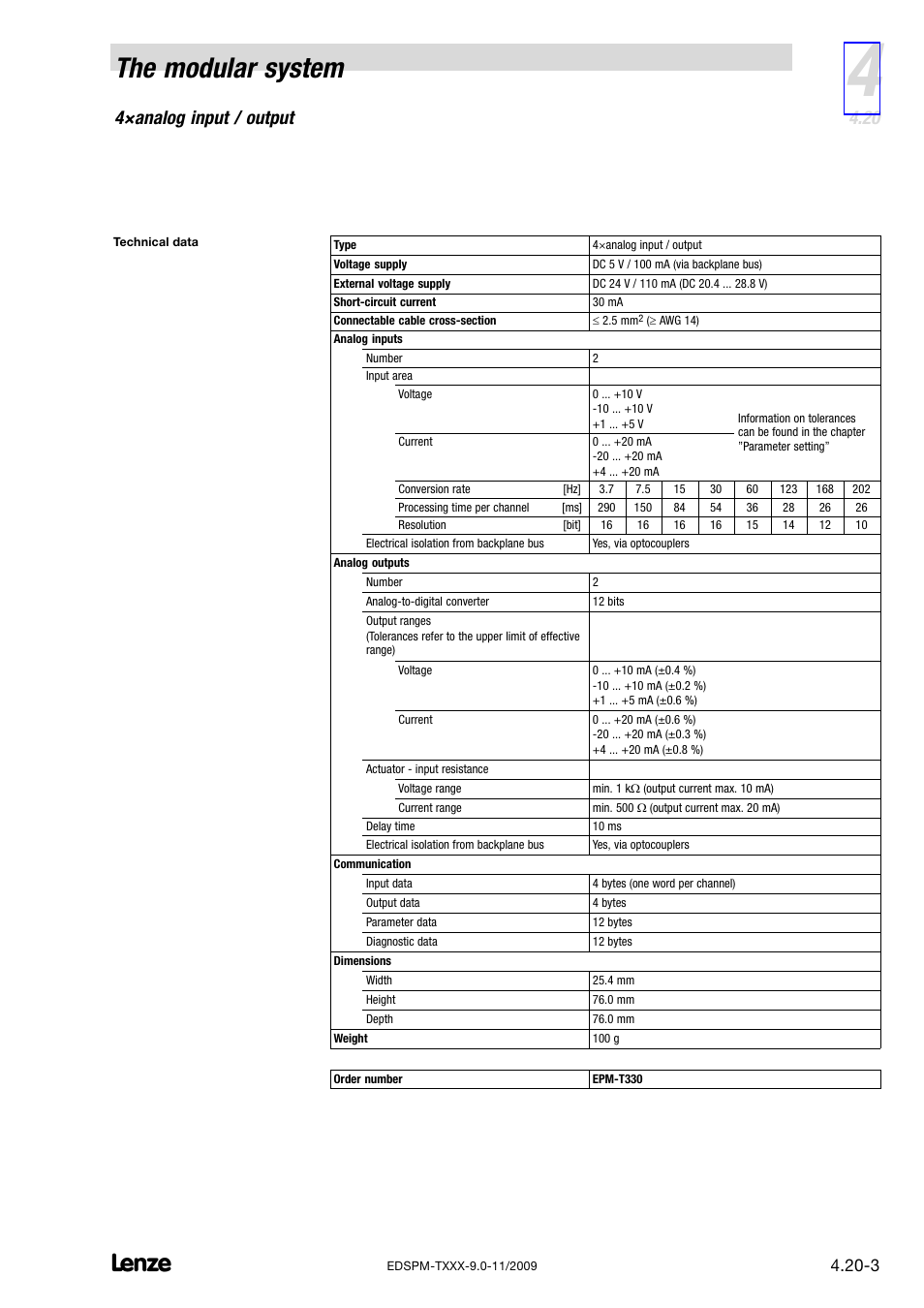 The modular system, 4×analog input / output | Lenze EPM−T9XX Modular system User Manual | Page 95 / 544