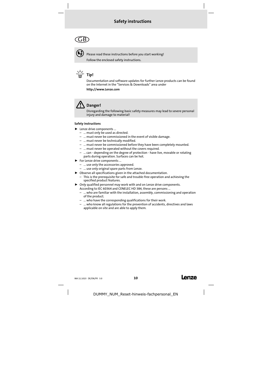 Safety instructions | Lenze 11.218 Variable speed pulleys User Manual | Page 10 / 26
