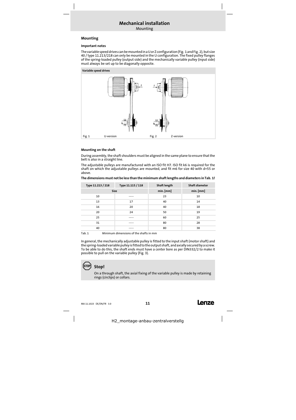 Mechanical installation, Stop | Lenze 11.218 Variable speed pulleys User Manual | Page 11 / 26