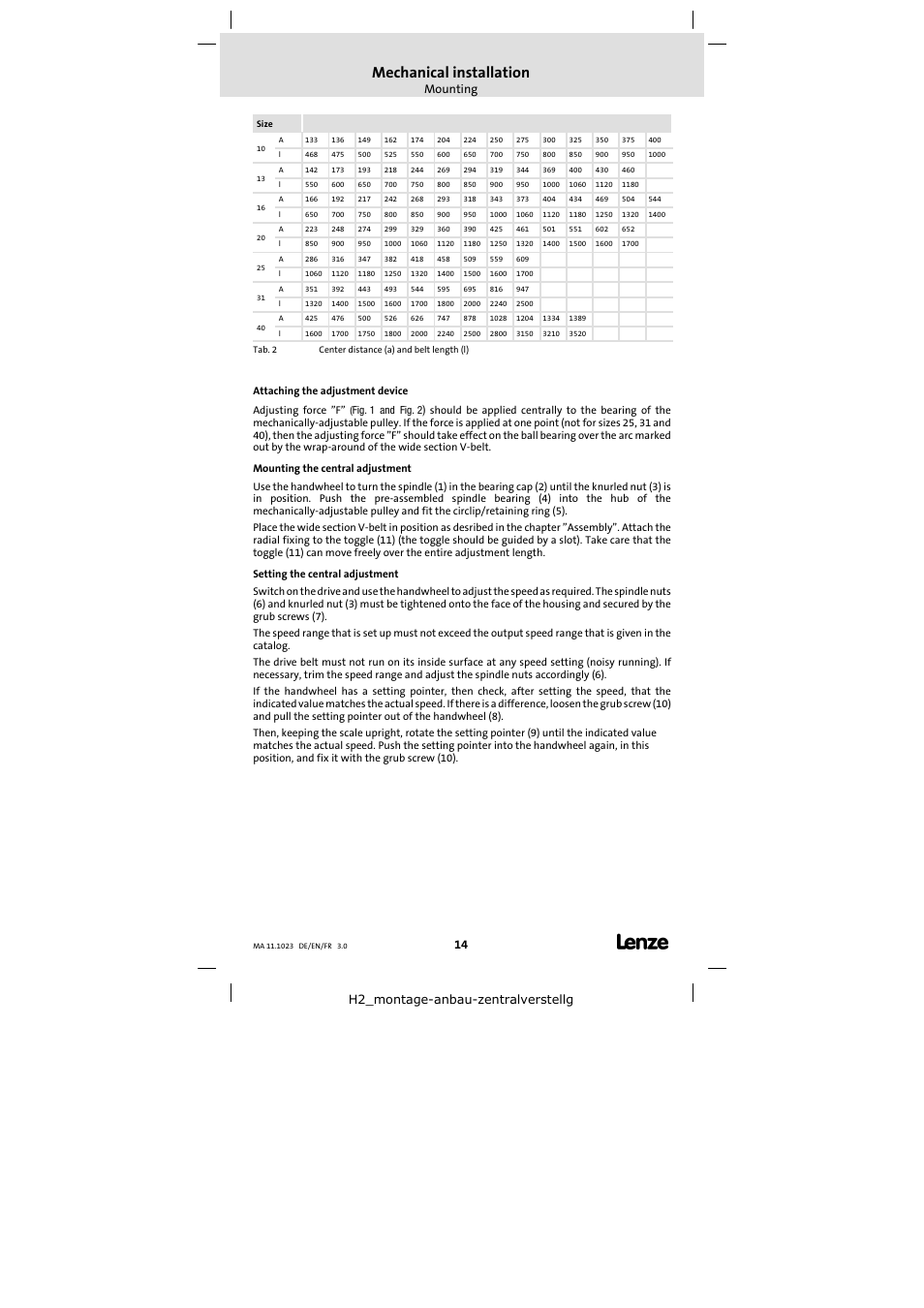 Mechanical installation, Mounting, H2_montage-anbau-zentralverstellg | Lenze 11.218 Variable speed pulleys User Manual | Page 14 / 26