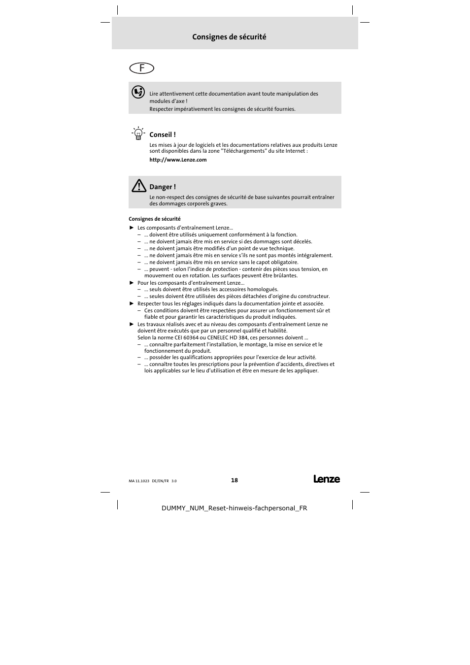 Consignes de sécurité | Lenze 11.218 Variable speed pulleys User Manual | Page 18 / 26