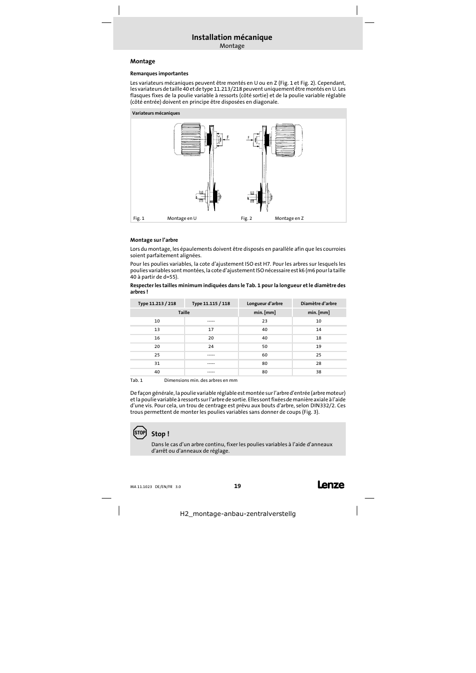 Installation mécanique, Stop | Lenze 11.218 Variable speed pulleys User Manual | Page 19 / 26